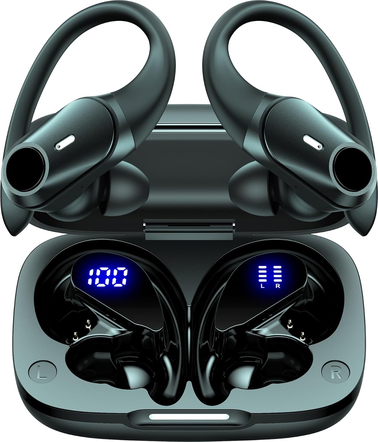Active Noise Cancelling Ear Buds Wireless Bluetooth Headphones 80H Playtime Display Charging Case 50dB ANC Over Ear Hooks Earbuds with Hi-Res Sound &amp; Clear Calls for Sports Running Gym Workout Black