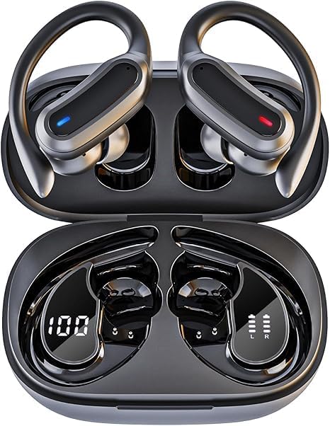 Wireless Earbuds Bluetooth Headphones, 54H Playtime Stereo Over Ear Buds with ENC Noise Cancelling, LED Power Display, IPX7 Waterproof Sport Earphones with Earhooks for Running/Workouts (Black)