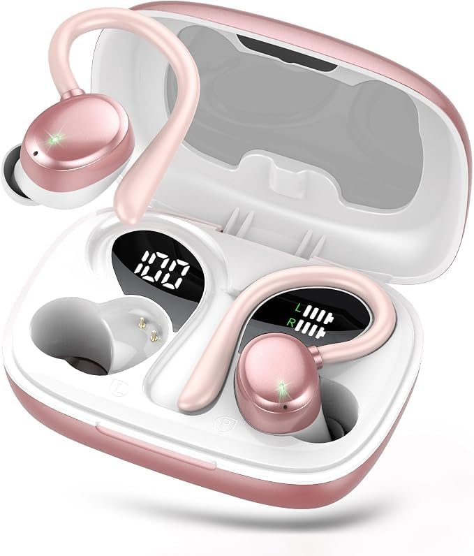 Bluetooth Headphones Wireless Earbuds 72hrs Playtime Wireless Charging Case Digital Display, Ear Buds with Earhook, Deep Bass 2.0, IPX7 Waterproof Over-Ear Earbuds for Android iOS Workout